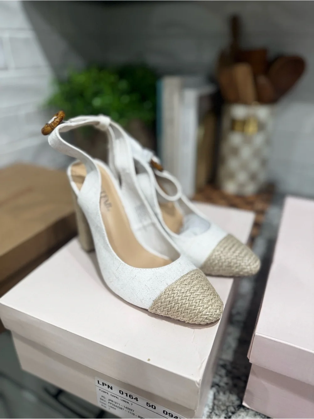 JustFab White Linen Slingback Pumps with Raffia Cap Toe